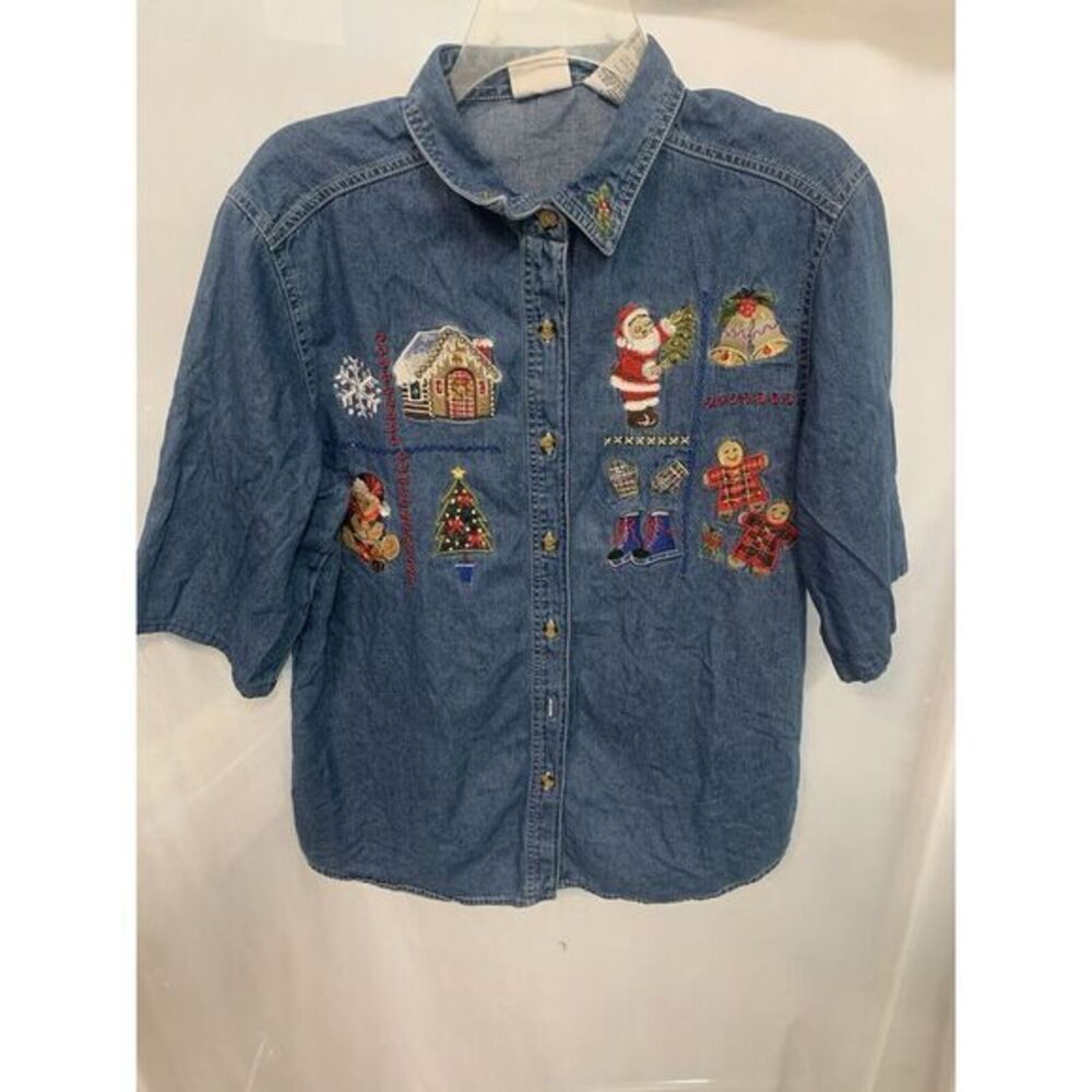 Women's L Bobbie Brooks Vintage Embroidered Denim Santa Christmas Short‎ Sleeve